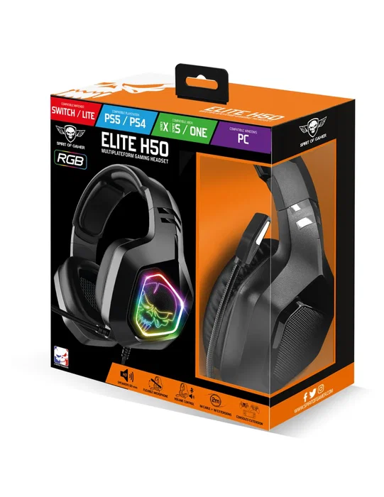 Spirit of Gamer Elite-H50 Auriculares Gaming con Micrófono, Drivers 40mm, Conector Jack 3.5mm, Compatibles con PC, PS4, Xbox One, Color Negro