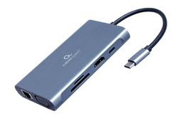 Gembird Adaptador Multiportas 7 em 1 USB Tipo C (Hub 3.0 + HDMI + VGA + PD + Leitor de Cartão + Áudio Estéreo), Cinza Espacial