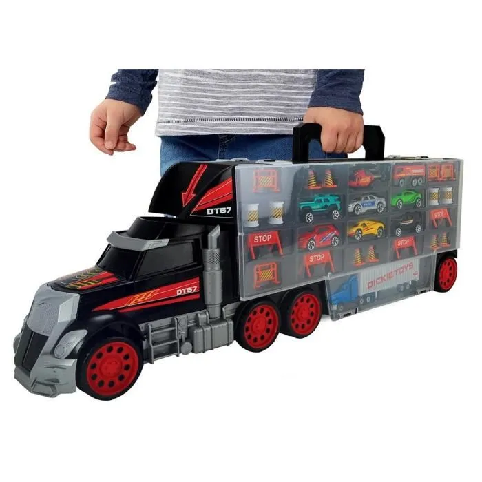 Dickie Toys Transportador de Coche 62cm con Asa y 7 Vehículos de Fundición, Helicóptero y Accesorios - Maleta de Transporte para Camión