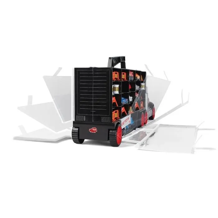 Dickie Toys Transportador de Coche 62cm con Asa y 7 Vehículos de Fundición, Helicóptero y Accesorios - Maleta de Transporte para Camión