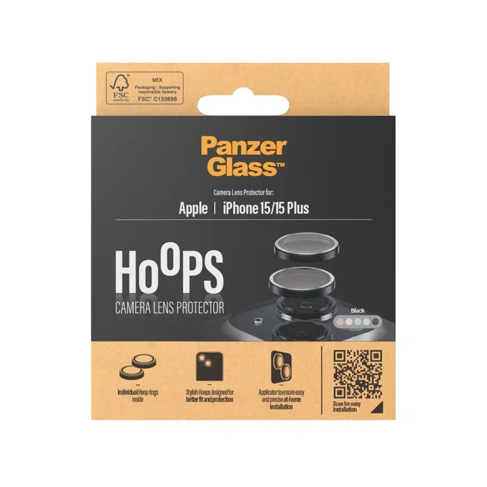 PanzerGlass Hoops Protector de Cámara para Apple iPhone 15 y 15 Plus - Negro - Vidrio Templado Resistente a Golpes y Rayones - Bordes Redondeados