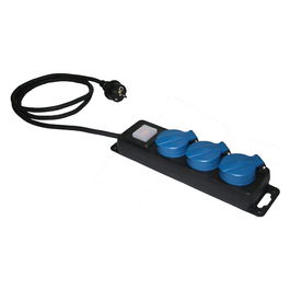 Solera V1049 - Base múltiple 3 Tomas 2P+T Schuko con Interruptor Luminoso IP44, Cable 1.5 m H05RR-F 3G1.5 mm² 3680W, Negro/Azul