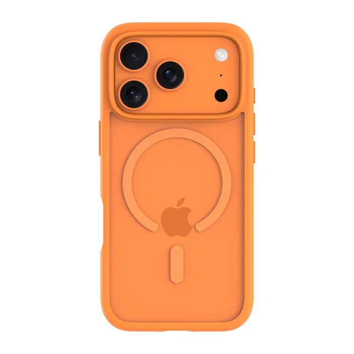 Apple iPhone 17 Pro - Funda protectora de plástico reciclado naranja Grenen MS, resistente a impactos hasta 2 m y con soporte para carga inalámbrica