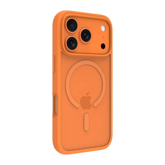 Apple iPhone 17 Pro - Funda protectora de plástico reciclado naranja Grenen MS, resistente a impactos hasta 2 m y con soporte para carga inalámbrica
