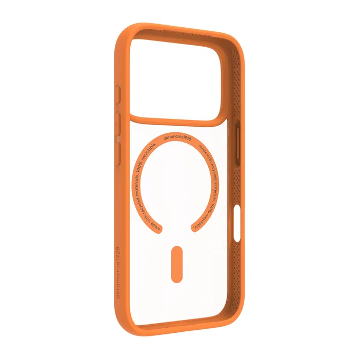 Apple iPhone 17 Pro - Funda protectora de plástico reciclado naranja Grenen MS, resistente a impactos hasta 2 m y con soporte para carga inalámbrica