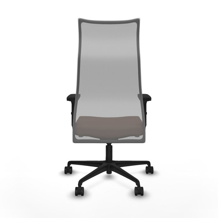 Sillón Albacete con mecanismo Sincro tapizada con Tela color Marrón oscuro y malla color Gris. Equipado con Base nailon negra, Brazos 2D y Ruedas 65mm nailon