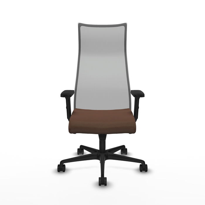 Sillón Albacete con mecanismo Sincro tapizada con Tela color Marrón oscuro y malla color Gris. Equipado con Base nailon negra, Brazos 2D y Ruedas 65mm nailon