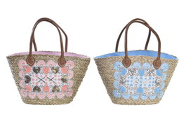 DKD Home Decor Bolso Seagrass PU Capazo Surtido Azul y Rosa 56x27x30 cm