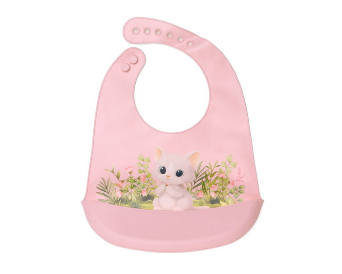 KioKids Babero de Silicona Impermeable Gatito Rosa Lovely Friends con Bolsillo Recogemigas, Ajustable, para Bebés +6 Meses