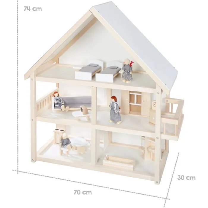 ROBA Casa de Muñecas de Madera 3 Plantas con 16 Muebles y 4 Muñecas, Natural, Blanco, Gris - ROB4005317322896