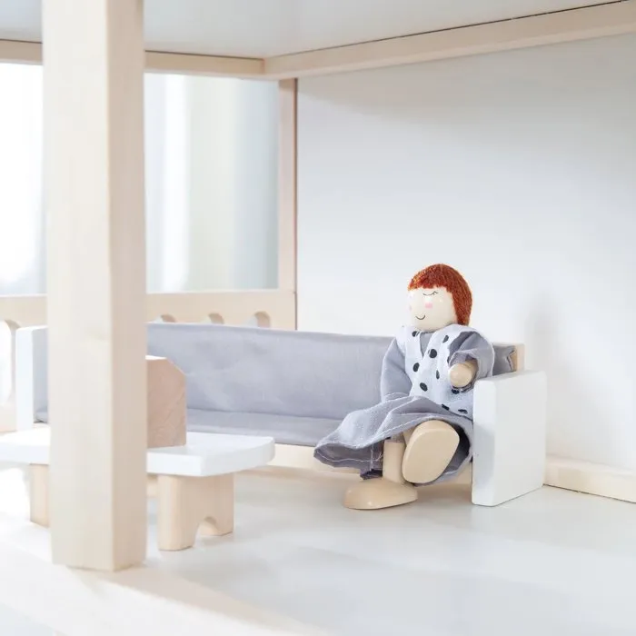 ROBA Casa de Muñecas de Madera 3 Plantas con 16 Muebles y 4 Muñecas, Natural, Blanco, Gris - ROB4005317322896