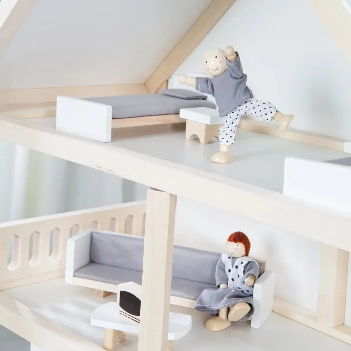 ROBA Casa de Muñecas de Madera 3 Plantas con 16 Muebles y 4 Muñecas, Natural, Blanco, Gris - ROB4005317322896