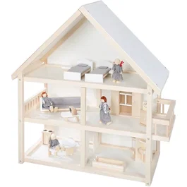 ROBA Casa de Muñecas de Madera 3 Plantas con 16 Muebles y 4 Muñecas, Natural, Blanco, Gris - ROB4005317322896