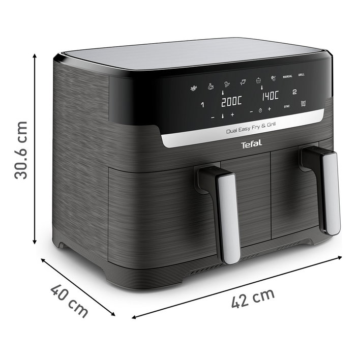 Tefal Dual Easy Fry & Grill EY905B Freidora de Aire Caliente 8.3L Doble, Independiente, Panel Táctil, 2700W, 8 Programas, Gris
