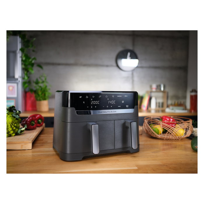 Tefal Dual Easy Fry & Grill EY905B Freidora de Aire Caliente 8.3L Doble, Independiente, Panel Táctil, 2700W, 8 Programas, Gris