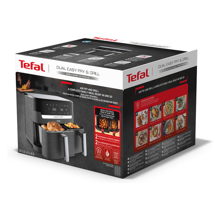 Tefal Dual Easy Fry & Grill EY905B Freidora de Aire Caliente 8.3L Doble, Independiente, Panel Táctil, 2700W, 8 Programas, Gris
