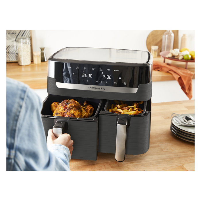 Tefal Dual Easy Fry & Grill EY905B Freidora de Aire Caliente 8.3L Doble, Independiente, Panel Táctil, 2700W, 8 Programas, Gris