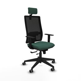 Silla de oficina Horna con mecanismo Sincro/Traslack tapizada con Tela color Verde botella y malla color Negro. Equipada con lumbar 1D, Brazos 1D, Cabecero 2D y Ruedas 65 mm parqué