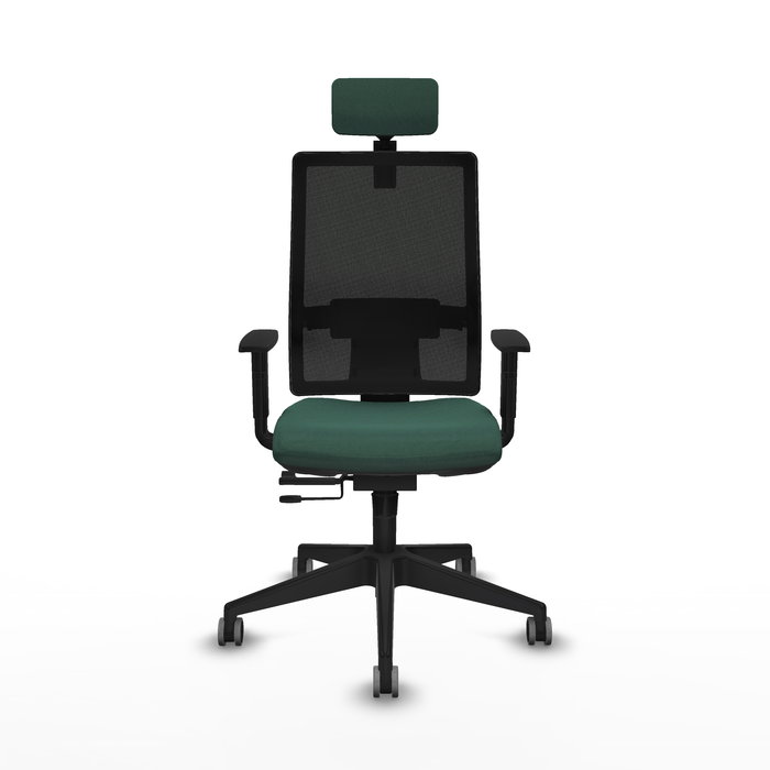 Silla de oficina Horna con mecanismo Sincro/Traslack tapizada con Tela color Verde botella y malla color Negro. Equipada con lumbar 1D, Brazos 1D, Cabecero 2D y Ruedas 65 mm parqué