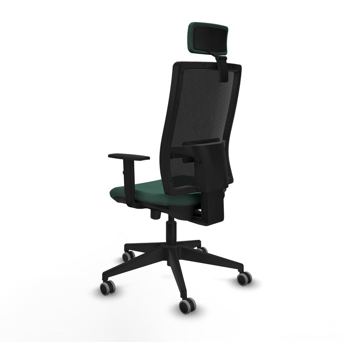 Silla de oficina Horna con mecanismo Sincro/Traslack tapizada con Tela color Verde botella y malla color Negro. Equipada con lumbar 1D, Brazos 1D, Cabecero 2D y Ruedas 65 mm parqué
