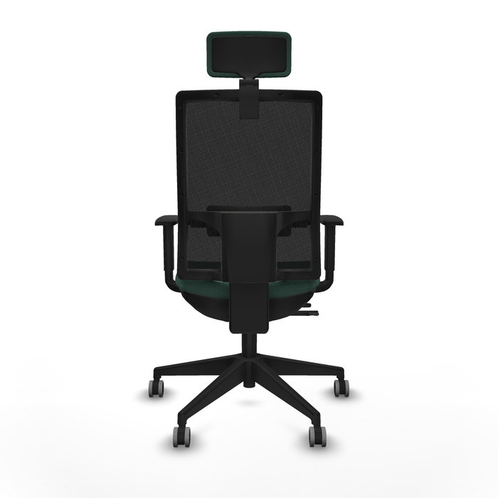 Silla de oficina Horna con mecanismo Sincro/Traslack tapizada con Tela color Verde botella y malla color Negro. Equipada con lumbar 1D, Brazos 1D, Cabecero 2D y Ruedas 65 mm parqué