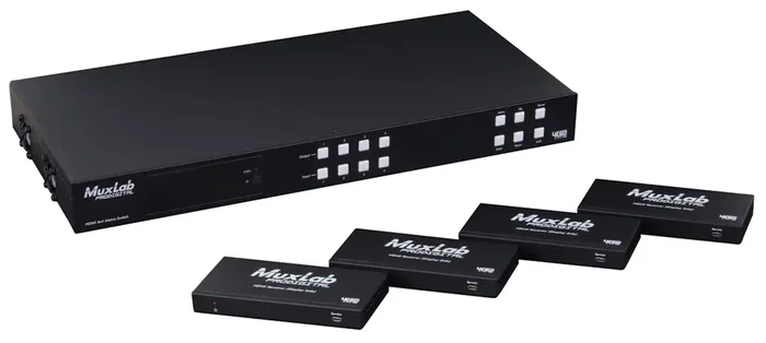 MUXLAB Matriz HDMI 4x4 HDBT POC 4K/60Hz con 4 Salidas HDMI y 4 Salidas HDBaseT, Transmisión hasta 150m, RS232, LAN