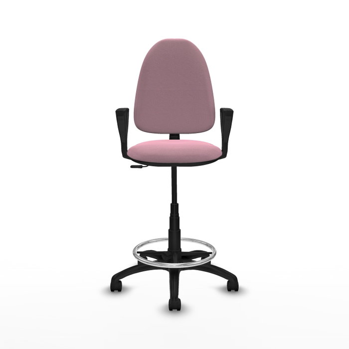 Taburete Aýna con mecanismo Contacto permanente básico tapizada con Tela color Rosa. Equipado con Base poliamida negra, Brazos fijos y Ruedas de nailon 50 mm