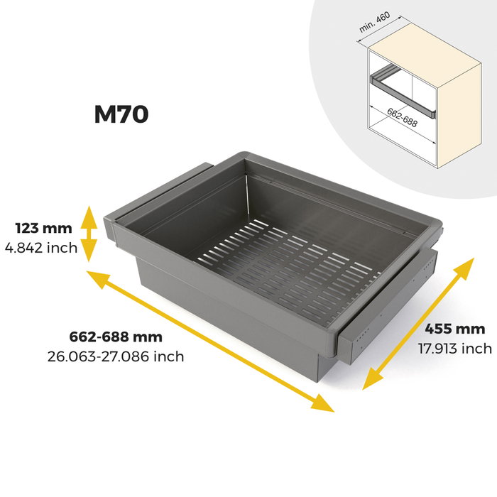 Emuca Kit Quartz de cajón metálico y bastidor regulable, Acabado Titanio, Módulo 70cm