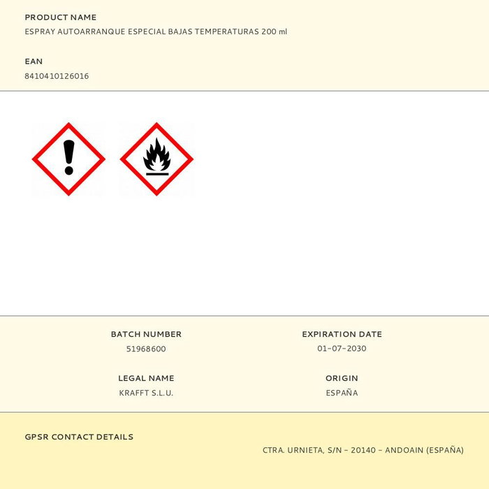 Krafft Spray Autoarranque Especial Bajas Temperaturas 200 ml para Motores Diésel y Gasolina hasta -30°C