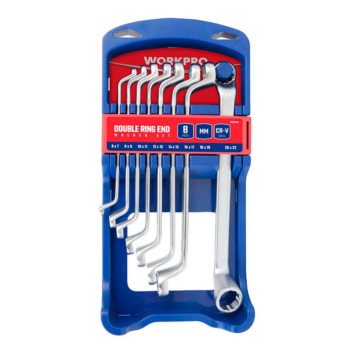 Workpro Llaves de Estrella Acodadas Dobles Juego 8 Piezas en Acero Cromo-Vanadio Forjado 6-22 mm con Soporte Workpro Llaves de Estrella Acodadas Dobles Juego 8 Piezas en Acero Cromo-Vanadio Forjado 6-22 mm con Soporte