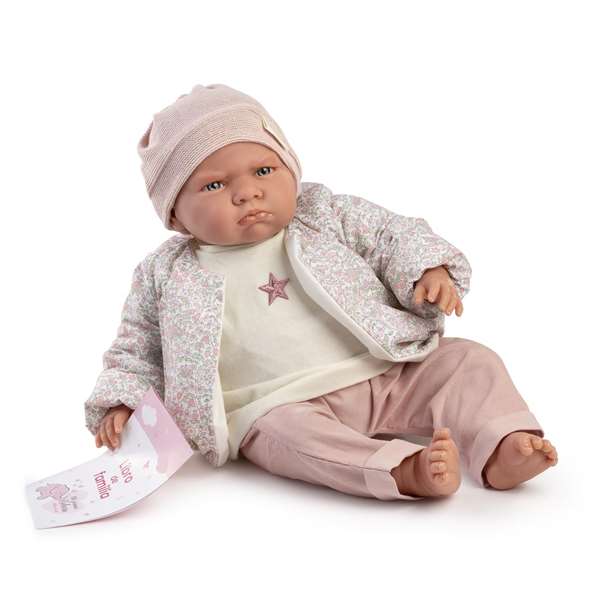 Antonio Juan Muñeco Mi primer Reborn Berta conjunto bomber 52cm, idiomas: español, ucraniano, francés, portugués, alemán, neerlandés, italiano, ruso, polaco, árabe