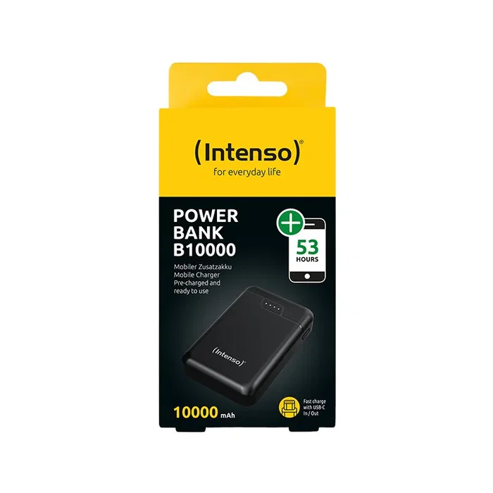 Intenso B10000 Power Bank Batería Externa 10000 mAh Polímero de Litio Negro con 1x USB-C y 2x USB-A, Indicador LED, Probada en Alemania