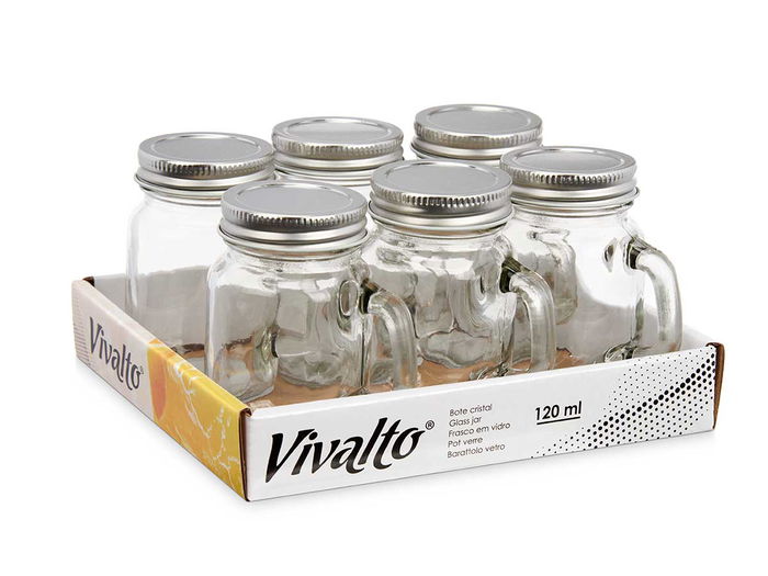 Vivalto Tarro Cuadrado Cristal Transparente con Tapa y Asa 120 ml - Transparente/Plata, 7 x 8.5 x 5 cm (Set de 48)