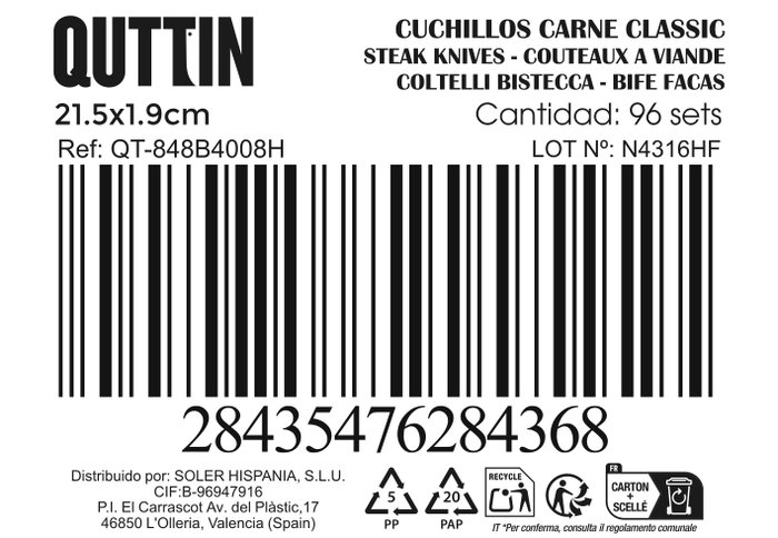 Inde Set 2 Cuchillos Carne Classic Colección 279 Medidas 21.5x1.9cmx7mm (12 Cajas)