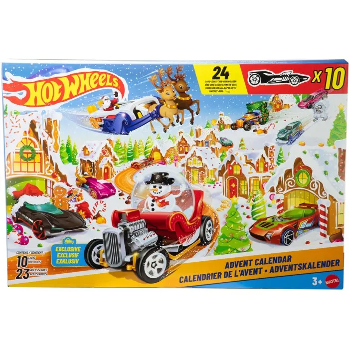 Hot Wheels JCB47 - Calendario de Adviento 2025 - 10 vehículos y 24 accesorios - Juguete para niños