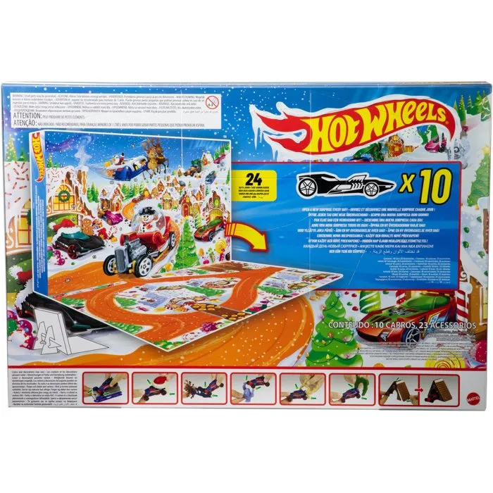 Hot Wheels JCB47 - Calendario de Adviento 2025 - 10 vehículos y 24 accesorios - Juguete para niños