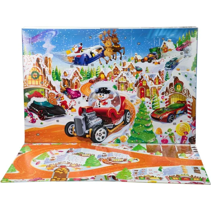 Hot Wheels JCB47 - Calendario de Adviento 2025 - 10 vehículos y 24 accesorios - Juguete para niños