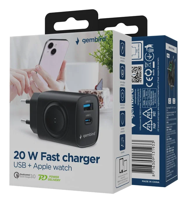 Gembird TA-UC-PDQCW20-01-BK Cargador Rápido USB de 20W con 2 Puertos (USB-C PD + USB-A QC 3.0), Negro, Para Móvil