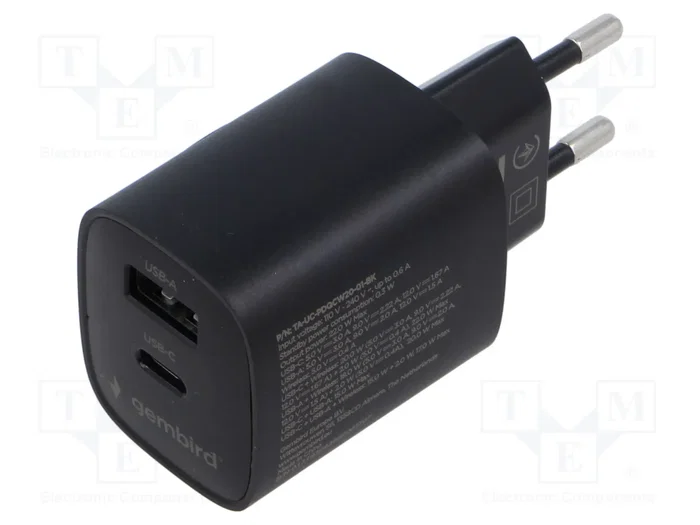 Gembird TA-UC-PDQCW20-01-BK Cargador 20W con USB-C y USB-A Negro