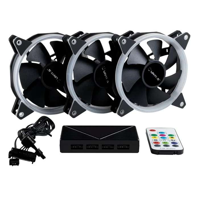 UNYKAch Candy 30 Kit de 3 Ventiladores ARGB 120mm para PC Gaming con 7 Aspas, Controladora para 6 Fans, 16 dB, 1500 RPM, 53.02 CFM, Cojinete Hidráulico - Negro (51801)