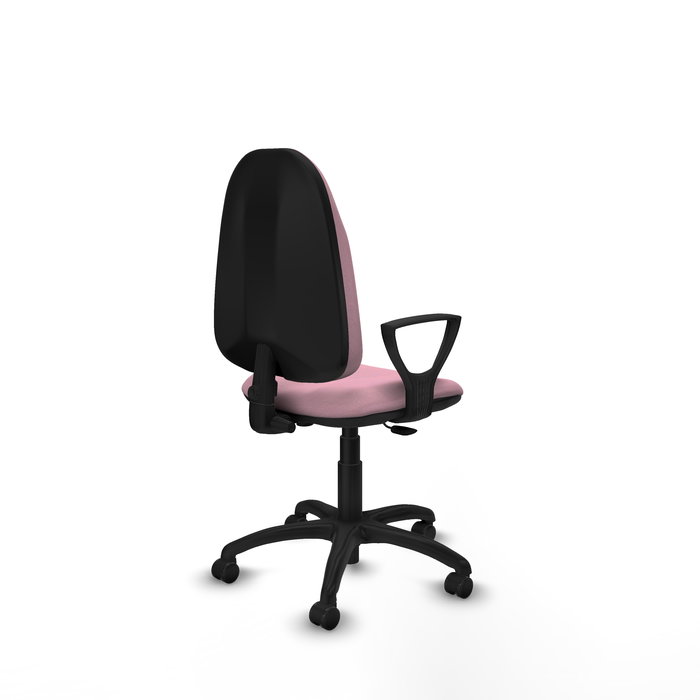 Silla de oficina Algarra con mecanismo Contacto permanente básico tapizada con Tela color Rosa. Equipada con Base poliamida negra, Brazos fijos y Ruedas autofrenantes