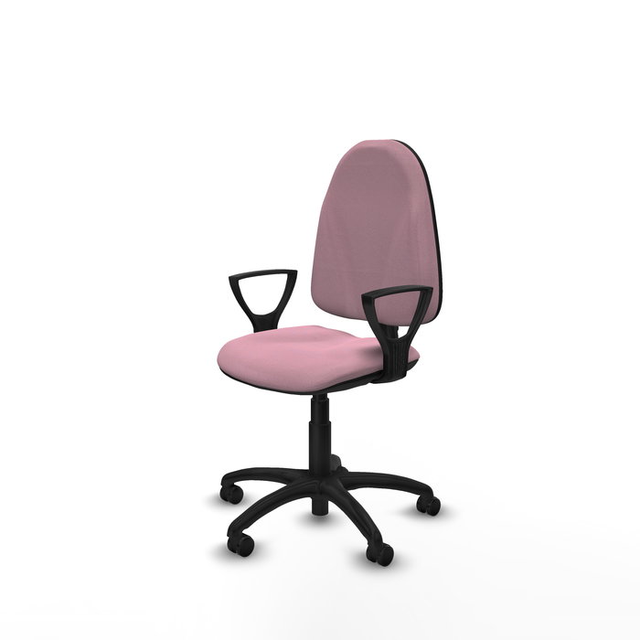 Silla de oficina Algarra con mecanismo Contacto permanente básico tapizada con Tela color Rosa. Equipada con Base poliamida negra, Brazos fijos y Ruedas autofrenantes
