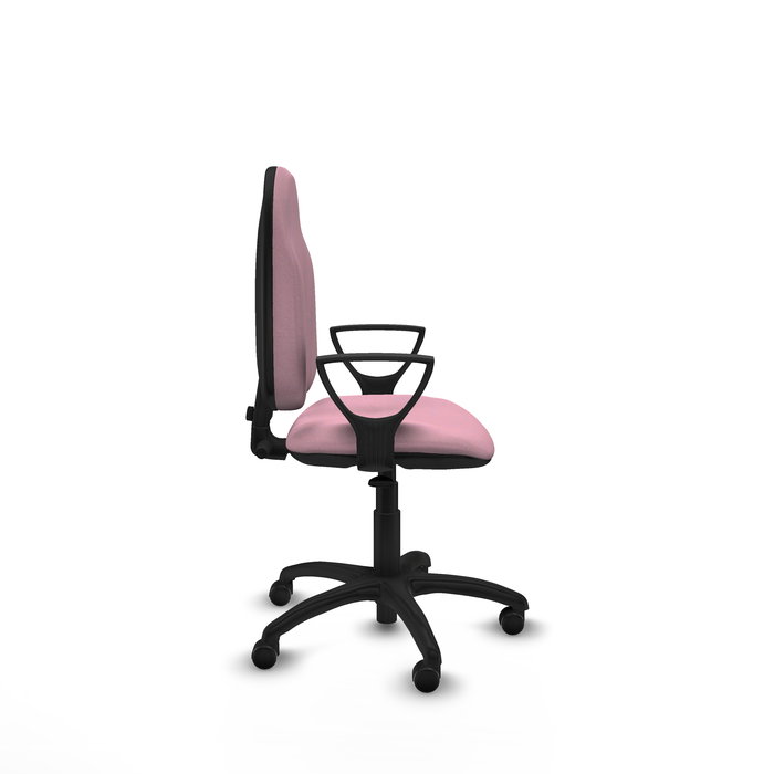 Silla de oficina Algarra con mecanismo Contacto permanente básico tapizada con Tela color Rosa. Equipada con Base poliamida negra, Brazos fijos y Ruedas autofrenantes