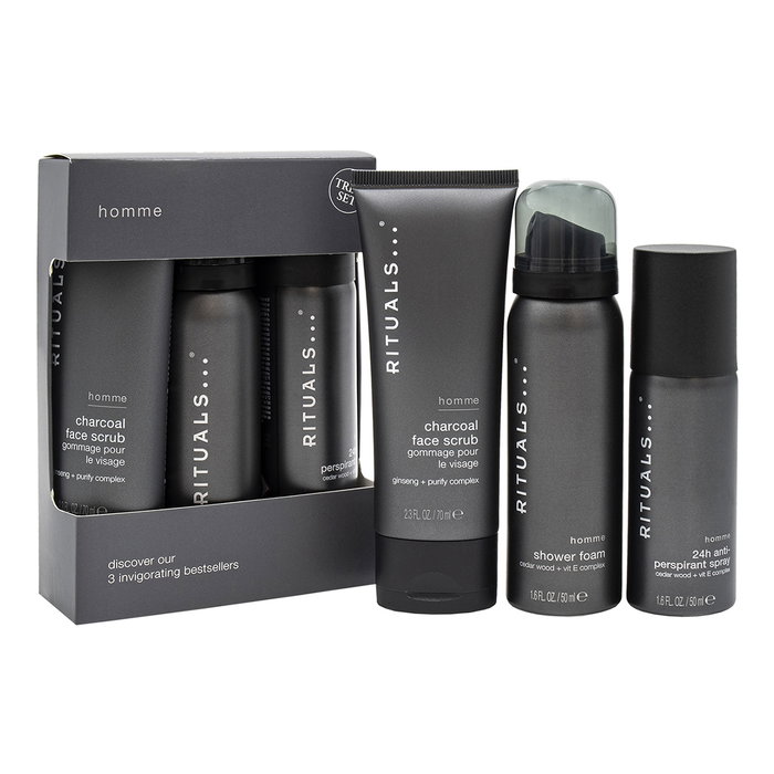 Set Rituals: Homme, Charcoal, Eliminates Impurities, Cleansing Scrub, For Face, 70 g + Homme, 24h Protection, Deodorant Spray, For Men, 50 ml + Homme, Cedar Wood + Vitamin E Complex, Shower Mousse, 50 ml Set Rituals: Homme, Charcoal, Eliminates Impurities, Cleansing Scrub, For Face, 70 g + Homme, 24h Protection, Deodorant Spray, For Men, 50 ml + Homme, Cedar Wood + Vitamin E Complex, Shower Mousse, 50 ml