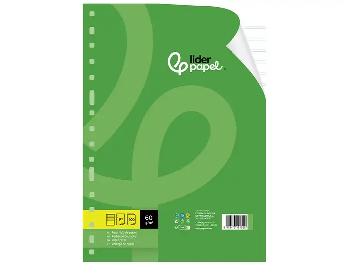 Liderpapel Recambio Folio 100 Hojas 60g Pauta 2,5mm con Margen y 16 Taladros