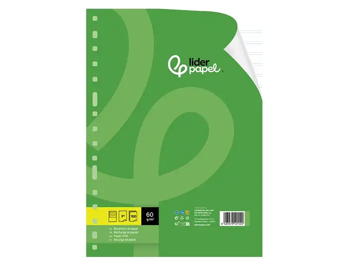 Liderpapel Recambio Folio 100 Hojas 60g Pauta 2,5mm con Margen y 16 Taladros