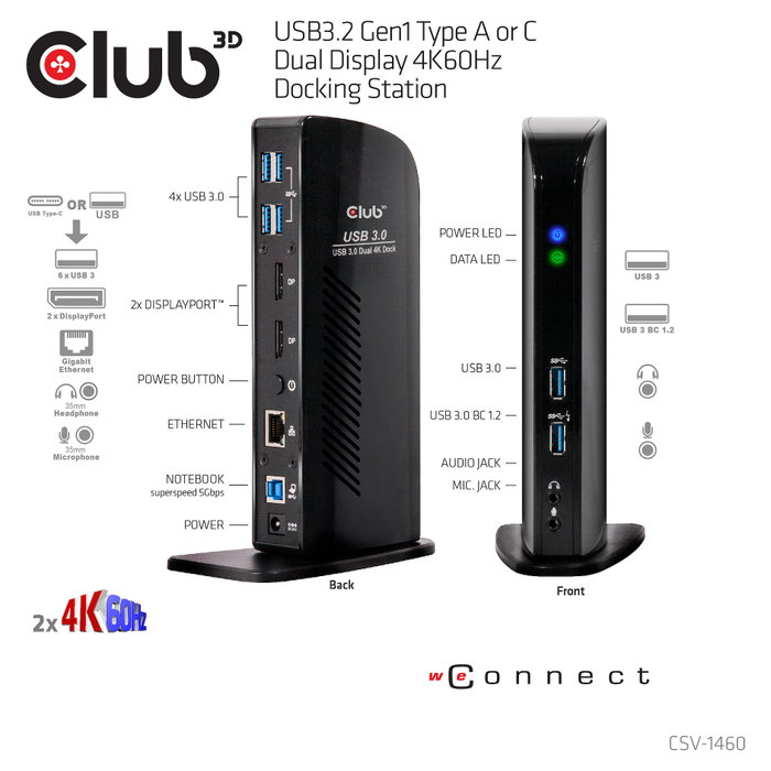 Club 3D USB 3.2 Docking Station 4K 60Hz 6xUSB3 2xDP LAN Audio Negro Club 3D USB 3.2 Docking Station 4K 60Hz 6xUSB3 2xDP LAN Audio Negro