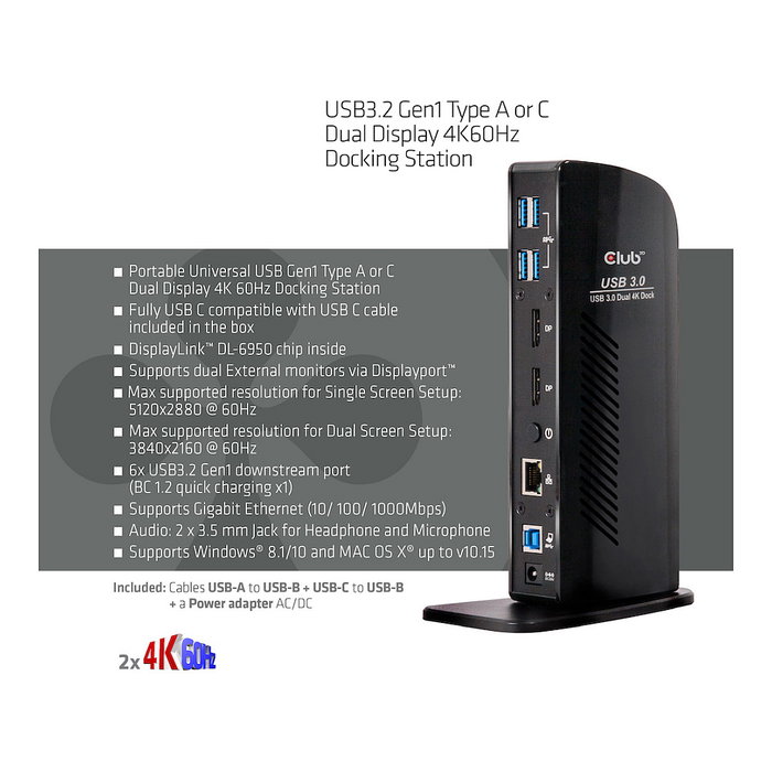 Club 3D USB 3.2 Docking Station 4K 60Hz 6xUSB3 2xDP LAN Audio Negro Club 3D USB 3.2 Docking Station 4K 60Hz 6xUSB3 2xDP LAN Audio Negro