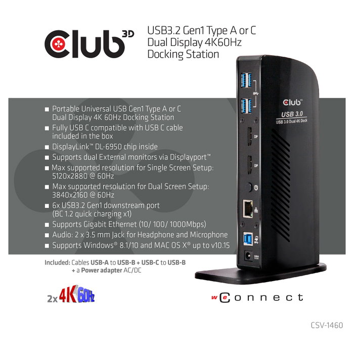 Club 3D USB 3.2 Docking Station 4K 60Hz 6xUSB3 2xDP LAN Audio Negro Club 3D USB 3.2 Docking Station 4K 60Hz 6xUSB3 2xDP LAN Audio Negro