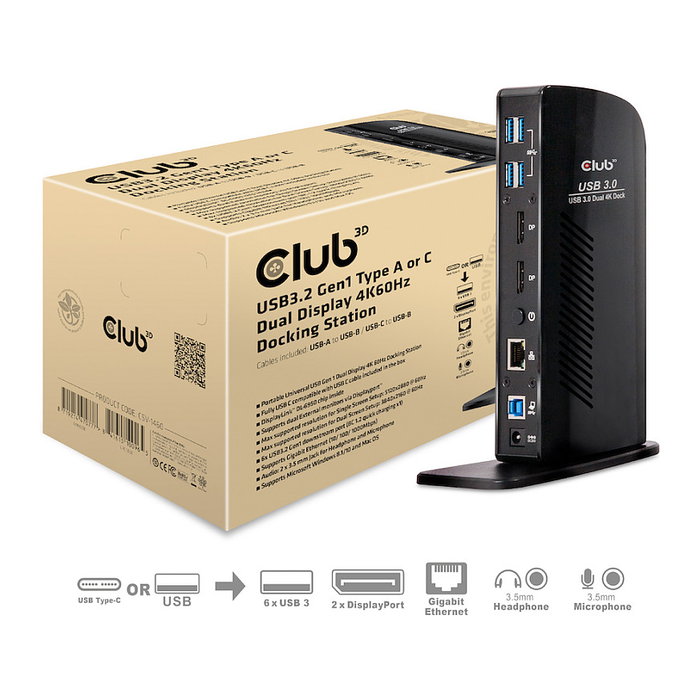 Club 3D USB 3.2 Docking Station 4K 60Hz 6xUSB3 2xDP LAN Audio Negro Club 3D USB 3.2 Docking Station 4K 60Hz 6xUSB3 2xDP LAN Audio Negro